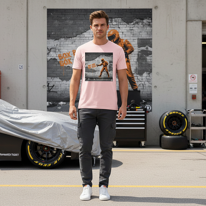 Male model wearing the cotton pink organic cotton BOX BOX graffiti street art F1 t-shirt with pit crew design, styled in a motorsport paddock environment featuring a clever repeat of the graffiti image on the wall behind.