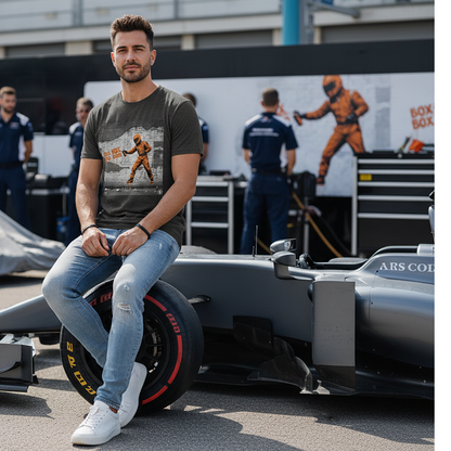 Male model wearing the dark heather grey organic cotton BOX BOX graffiti street art F1 t-shirt with pit crew design, styled in a motorsport paddock environment featuring a clever repeat of the graffiti image on the wall behind.