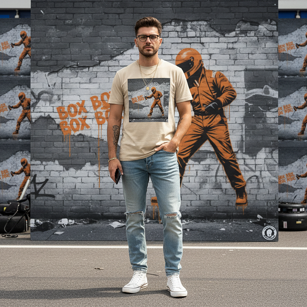 Male model wearing the desert dust organic cotton BOX BOX graffiti street art F1 t-shirt with pit crew design, styled in a motorsport paddock environment featuring a clever repeat of the graffiti image on the wall behind.