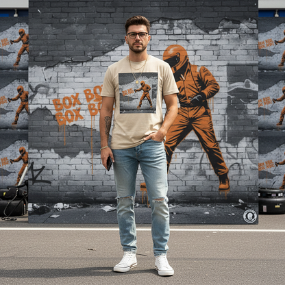 Male model wearing the desert dust organic cotton BOX BOX graffiti street art F1 t-shirt with pit crew design, styled in a motorsport paddock environment featuring a clever repeat of the graffiti image on the wall behind.