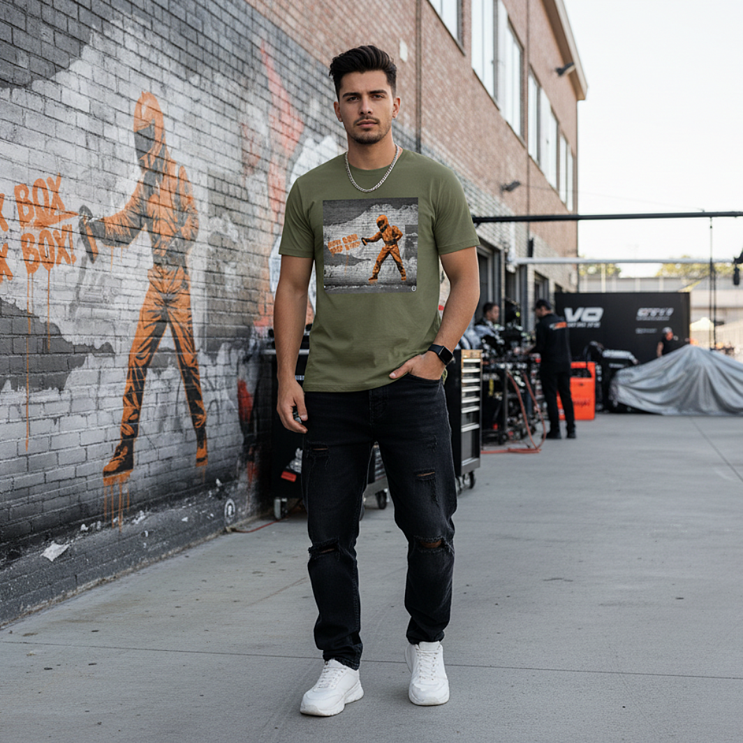 Male model wearing the khaki organic cotton BOX BOX graffiti street art F1 t-shirt with pit crew design, styled in a motorsport paddock environment featuring a clever repeat of the graffiti image on the wall behind.