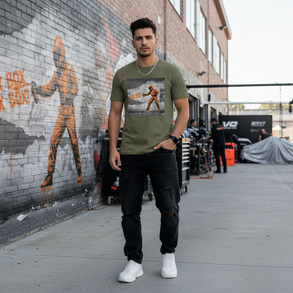 Male model wearing the khaki organic cotton BOX BOX graffiti street art F1 t-shirt with pit crew design, styled in a motorsport paddock environment featuring a clever repeat of the graffiti image on the wall behind.
