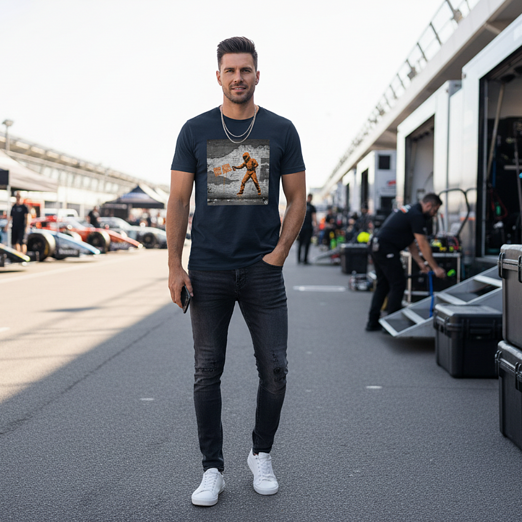 Male model wearing the navy organic cotton BOX BOX graffiti street art F1 t-shirt with pit crew design, styled in a motorsport paddock environment without McLaren logos, tee clean and readable.