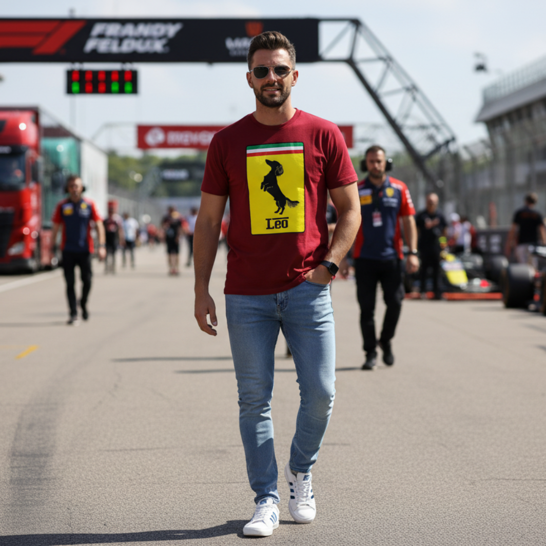 Male motorsport fan in a grand prix paddock wearing the burgundy Prancing Leo T-Shirt, featuring a yellow badge with a black dachshund silhouette and “Leo” text, perfect for racing and dog lovers.