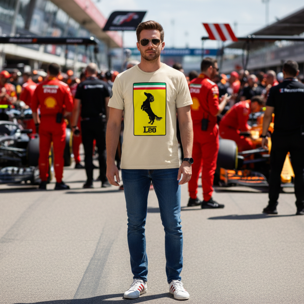 Male motorsport fan in a race paddock wearing the desert dust Leo Stallion Dog T-Shirt, featuring a yellow badge with a black dachshund silhouette and “Leo” text, perfect for racing and dog lovers.