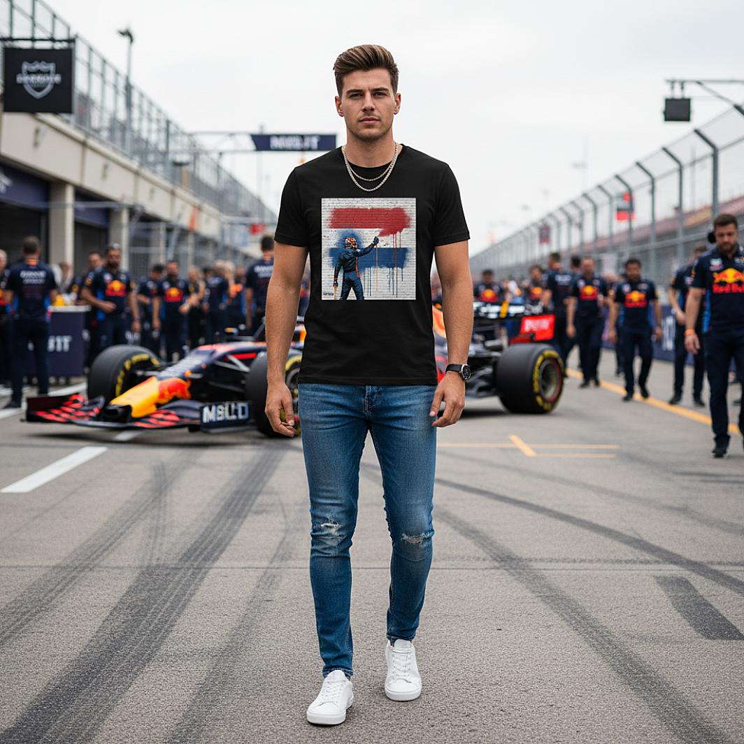 Male model wearing the black organic cotton Dutch Flag Graffiti Art T-Shirt featuring a driver spray painting the Dutch flag on a brick wall, tee design crystal clear and sharply detailed, standing with arms relaxed by his sides in an open, realistic race weekend paddock setting with a single race car subtly visible in the background.