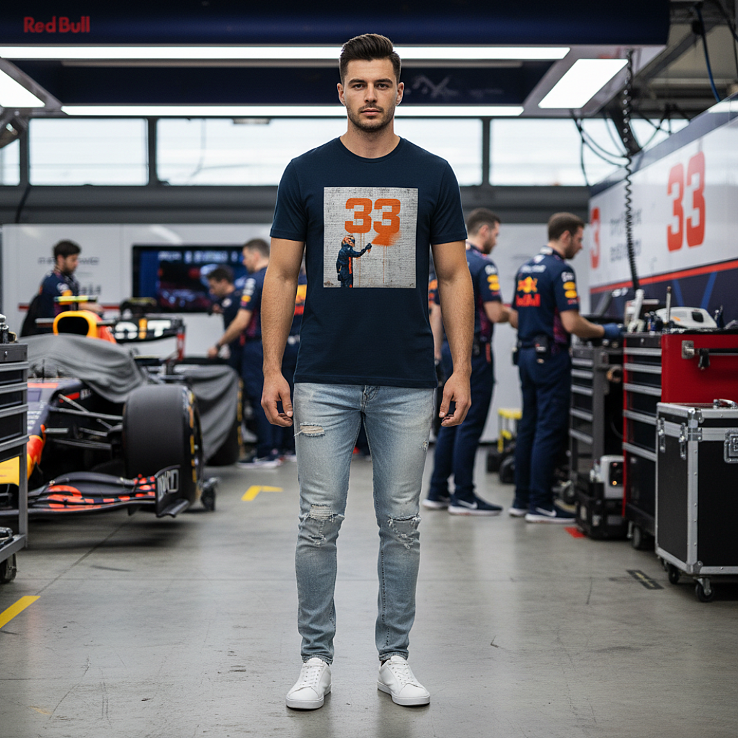 Male model wearing the French Navy organic cotton Max 33 Graffiti Art F1 T-Shirt featuring Max Verstappen spray painting the number 33 in orange on a brick wall, standing with arms relaxed by his sides in a realistic Red Bull F1 paddock environment with cars and team elements but no visible Red Bull logos, tee clean and design fully visible.
