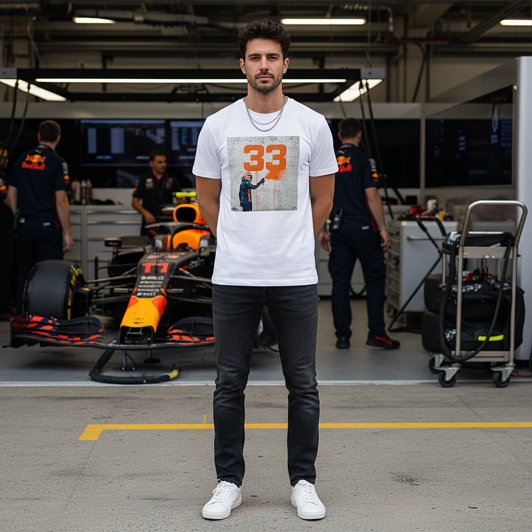 Male model wearing the white organic cotton Max 33 Graffiti Art F1 T-Shirt featuring Max Verstappen spray painting the number 33 in orange on a brick wall, standing with arms relaxed by his sides in a realistic Red Bull F1 paddock environment with cars and team elements but no visible Red Bull logos, tee clean and design fully visible.