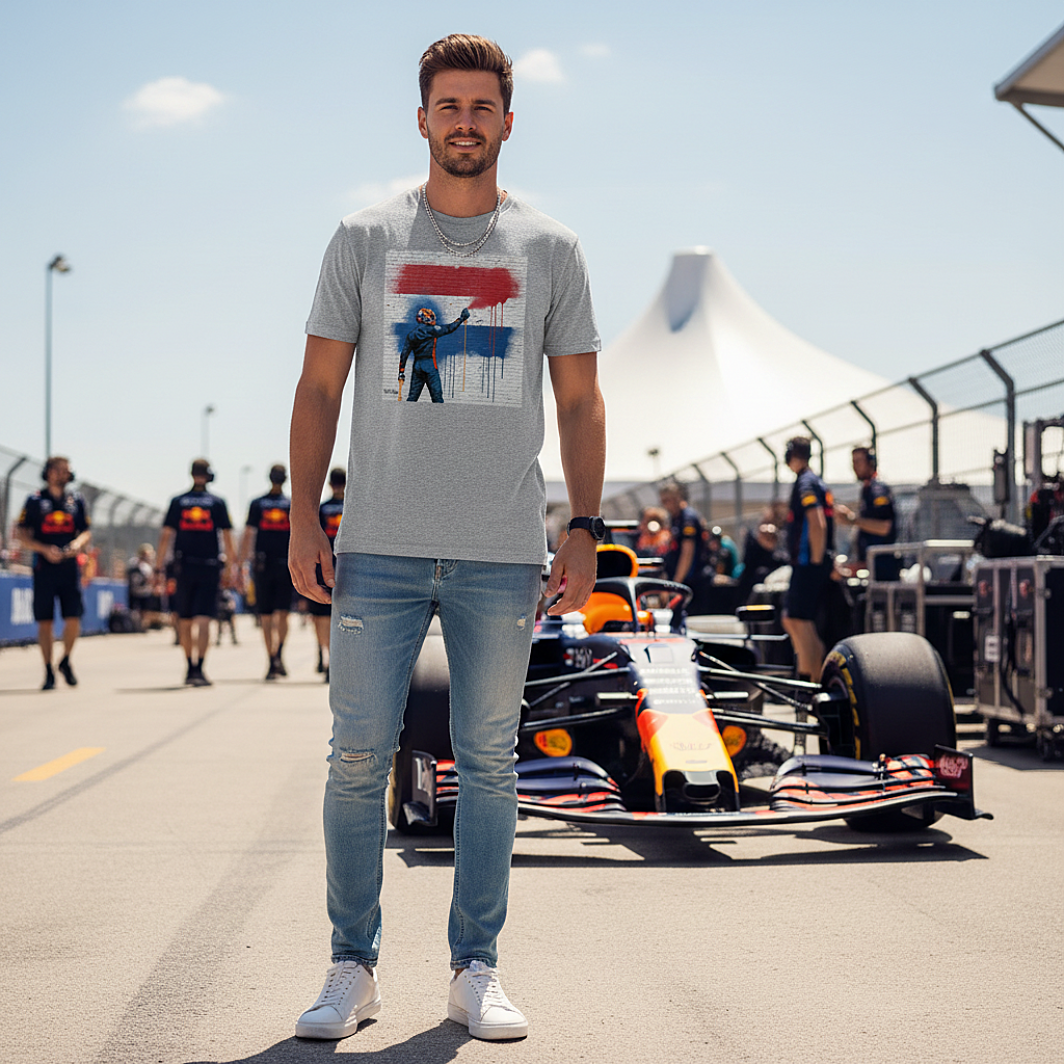 Male model wearing the heather grey organic cotton Max Dutch Flag Graffiti Art F1 T-Shirt featuring Max Verstappen spray painting the Dutch flag on a brick wall, tee design crystal clear and sharply detailed, standing with arms relaxed by his sides in an open, realistic race weekend paddock setting with a single Red Bull F1 car subtly visible in the background.