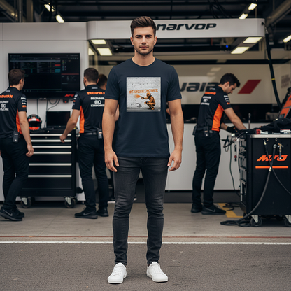 Male model wearing the French Navy organic cotton PAPAYA Fans Like No Other Graffiti Art F1 T-Shirt with #FANSLIKENOOTHER design, standing with arms relaxed by his sides in a full-frame motorsport paddock environment, tee clean and design fully visible.