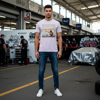 Male model wearing the lavender organic cotton PAPAYA Fans Like No Other Graffiti Art F1 T-Shirt with #FANSLIKENOOTHER design, standing with arms relaxed by his sides in a full-frame motorsport paddock environment, tee clean and design fully visible.