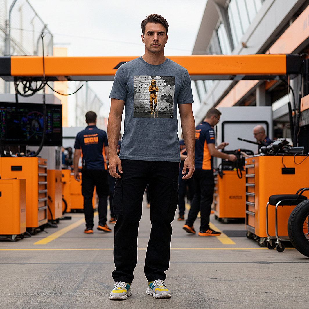Male model wearing the dark heather blue organic cotton Papaya Driver Mood Graffiti Art F1 T-Shirt featuring a McLaren-inspired driver in vibrant papaya orange graffiti, standing with arms relaxed by his sides in a Papaya F1 paddock environment.