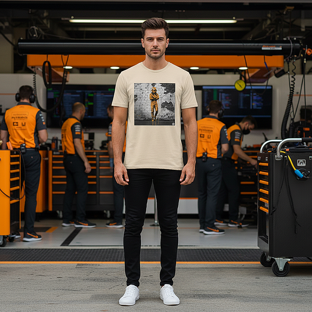 Male model wearing the desert dust organic cotton Papaya Driver Mood Graffiti Art F1 T-Shirt featuring a McLaren-inspired driver in vibrant papaya orange graffiti, standing with arms relaxed by his sides in a Papaya F1 paddock environment.