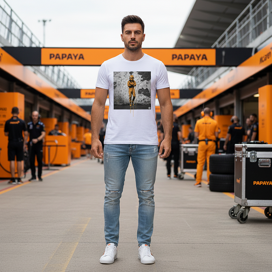 Male model wearing the white organic cotton Papaya Driver Mood Graffiti Art F1 T-Shirt featuring a McLaren-inspired driver in vibrant papaya orange graffiti, standing with arms relaxed by his sides in a Papaya F1 paddock environment.