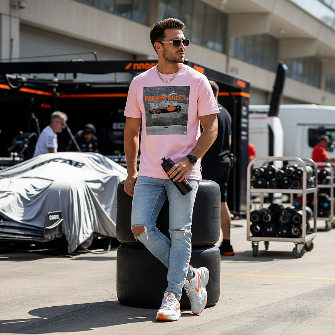 Male model wearing the cotton pink organic cotton Papaya Rules 2.0 graffiti art F1 t-shirt hanging out, styled casually in a motorsport paddock environment with motorsport props.