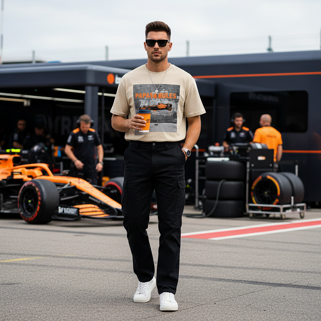 Male model wearing the Desert Dust organic cotton Papaya Rules 2.0 graffiti art F1 t-shirt without a jacket, styled casually in a motorsport paddock environment with motorsport props.