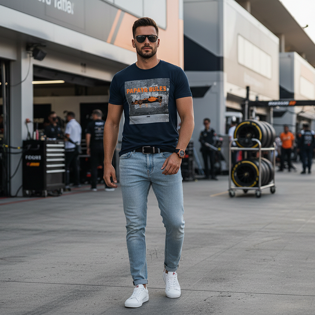 Male model wearing the French Navy organic cotton Papaya Rules 2.0 graffiti art F1 t-shirt without a jacket, styled casually in a motorsport paddock environment with motorsport props.