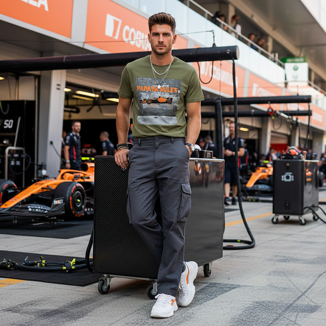 Male model wearing the khaki organic cotton Papaya Rules 2.0 graffiti art F1 t-shirt without a jacket, styled casually in a motorsport paddock environment with motorsport props.