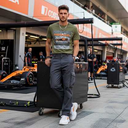 Male model wearing the khaki organic cotton Papaya Rules 2.0 graffiti art F1 t-shirt without a jacket, styled casually in a motorsport paddock environment with motorsport props.