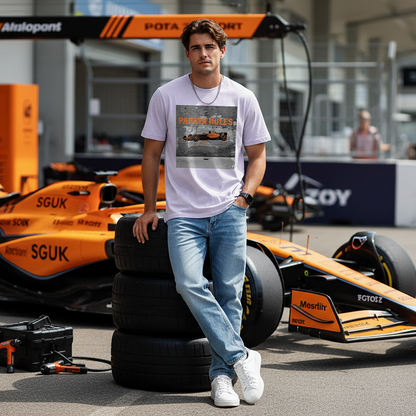 Male model wearing the lavender organic cotton Papaya Rules 2.0 graffiti art F1 t-shirt hanging out, styled casually in a motorsport paddock environment with motorsport props.