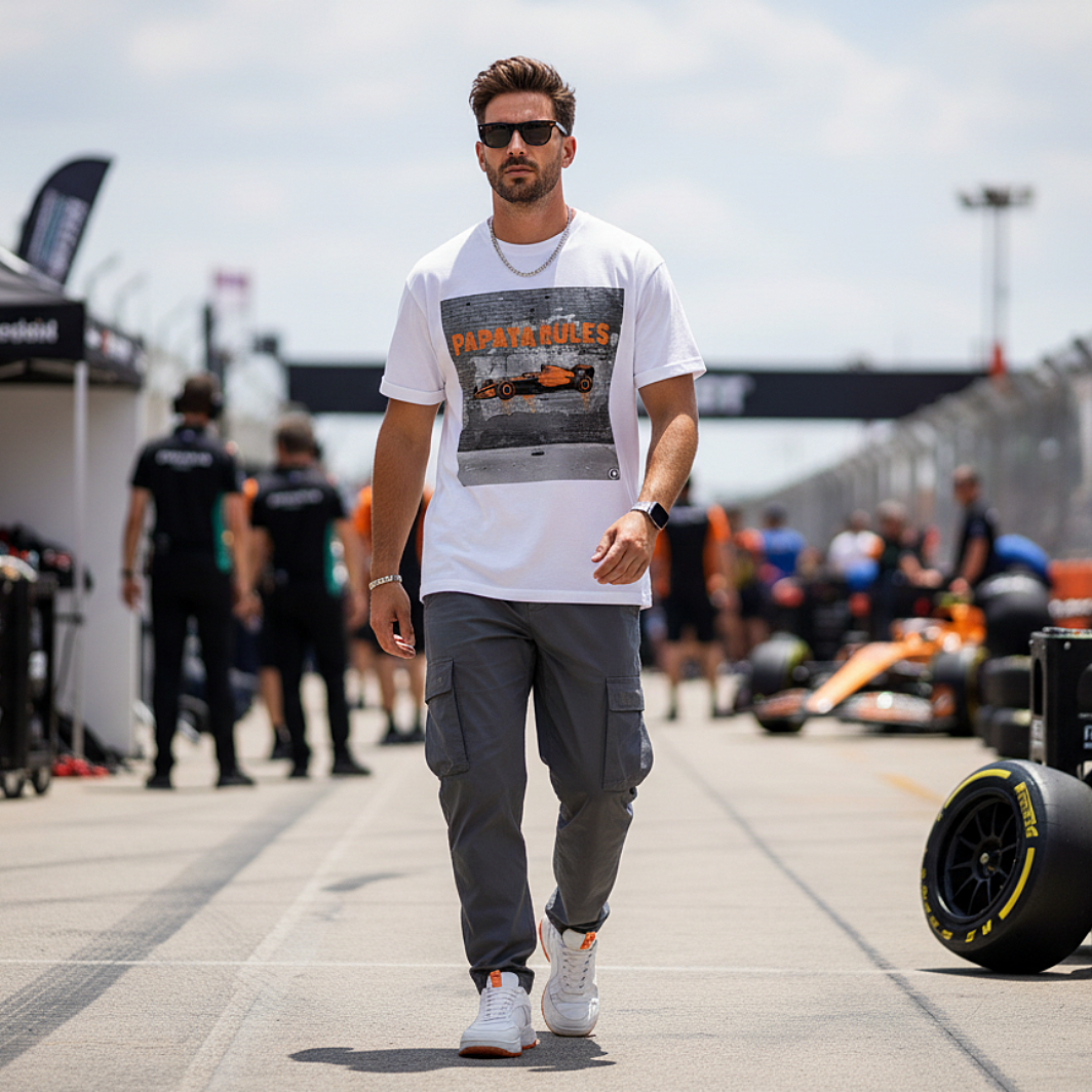 Male model wearing the white organic cotton Papaya Rules 2.0 graffiti art F1 t-shirt without a jacket, styled casually in a motorsport paddock environment with motorsport props.