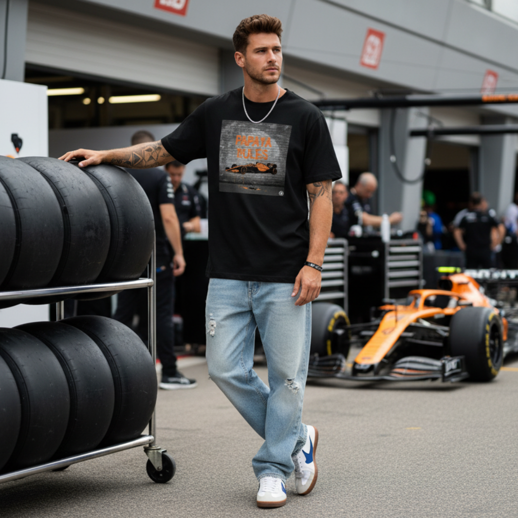 Male model wearing the black organic cotton Papaya Rules graffiti art t-shirt without a jacket, styled casually in a motorsport paddock environment with motorsport props.
