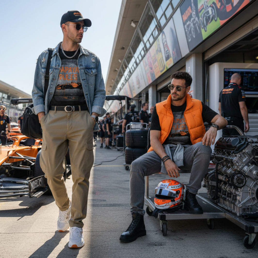 Male model wearing the black organic cotton Papaya Rules graffiti art t-shirt featuring an F1 car design, styled with modern fashion in a motorsport paddock setting with motorsport props.