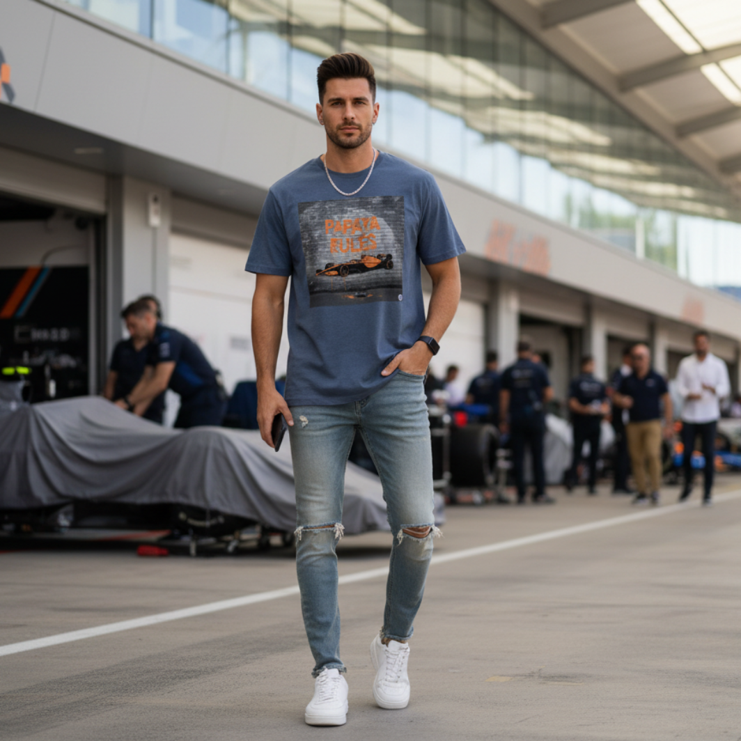 Male model wearing the dark heather blue organic cotton Papaya Rules graffiti art t-shirt without a jacket, styled casually in a motorsport paddock environment with motorsport props.