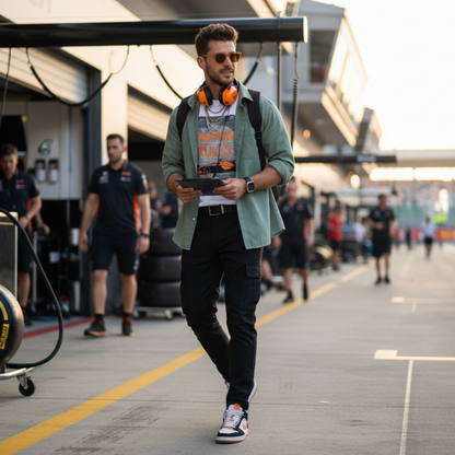 Male model wearing the white organic cotton Papaya Rules graffiti art t-shirt and jacket in a motorsport paddock setting, styled with modern casual fashion and motorsport props.
