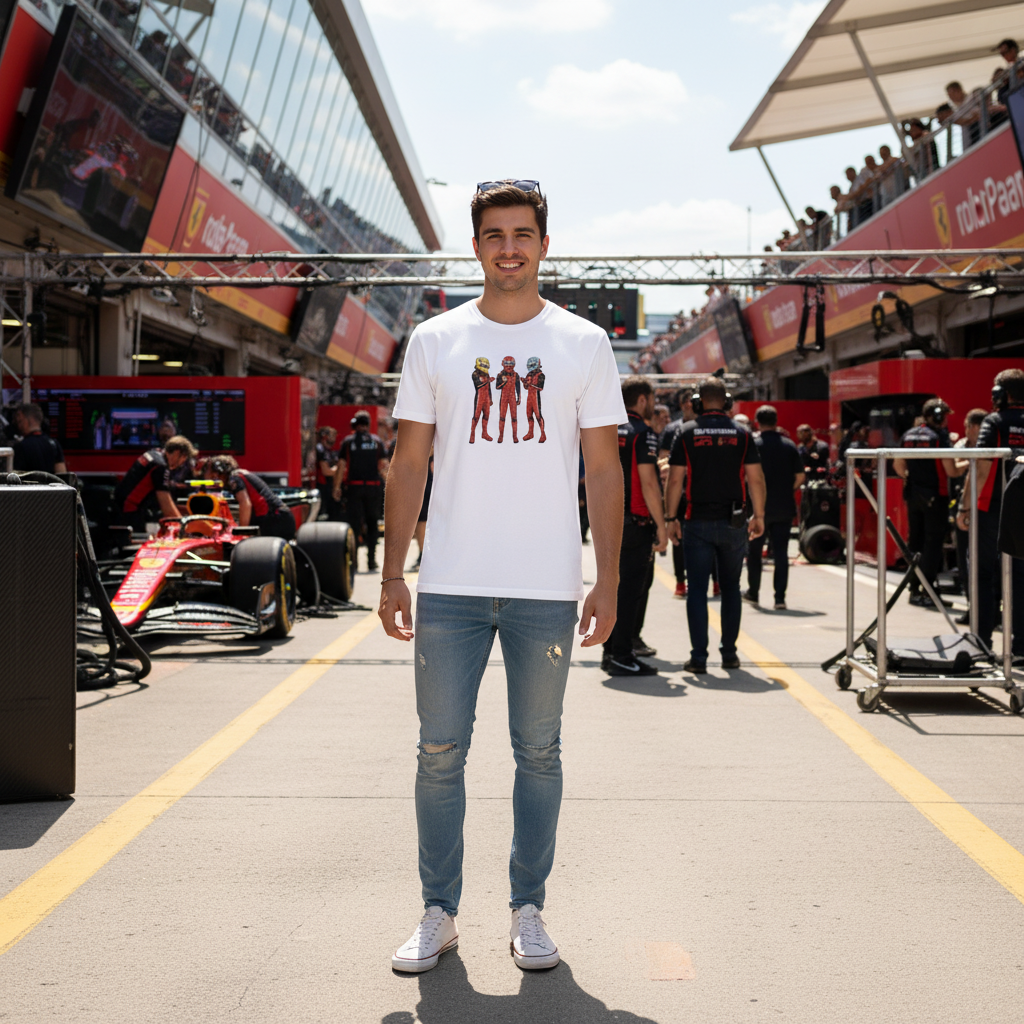 Male racing in jeans wearing the Pitwall Meme Drivers T-Shirt, showing three red-suited racing drivers in helmets pointing at each other, perfect funny tee for tifosi and motorsport meme lovers.