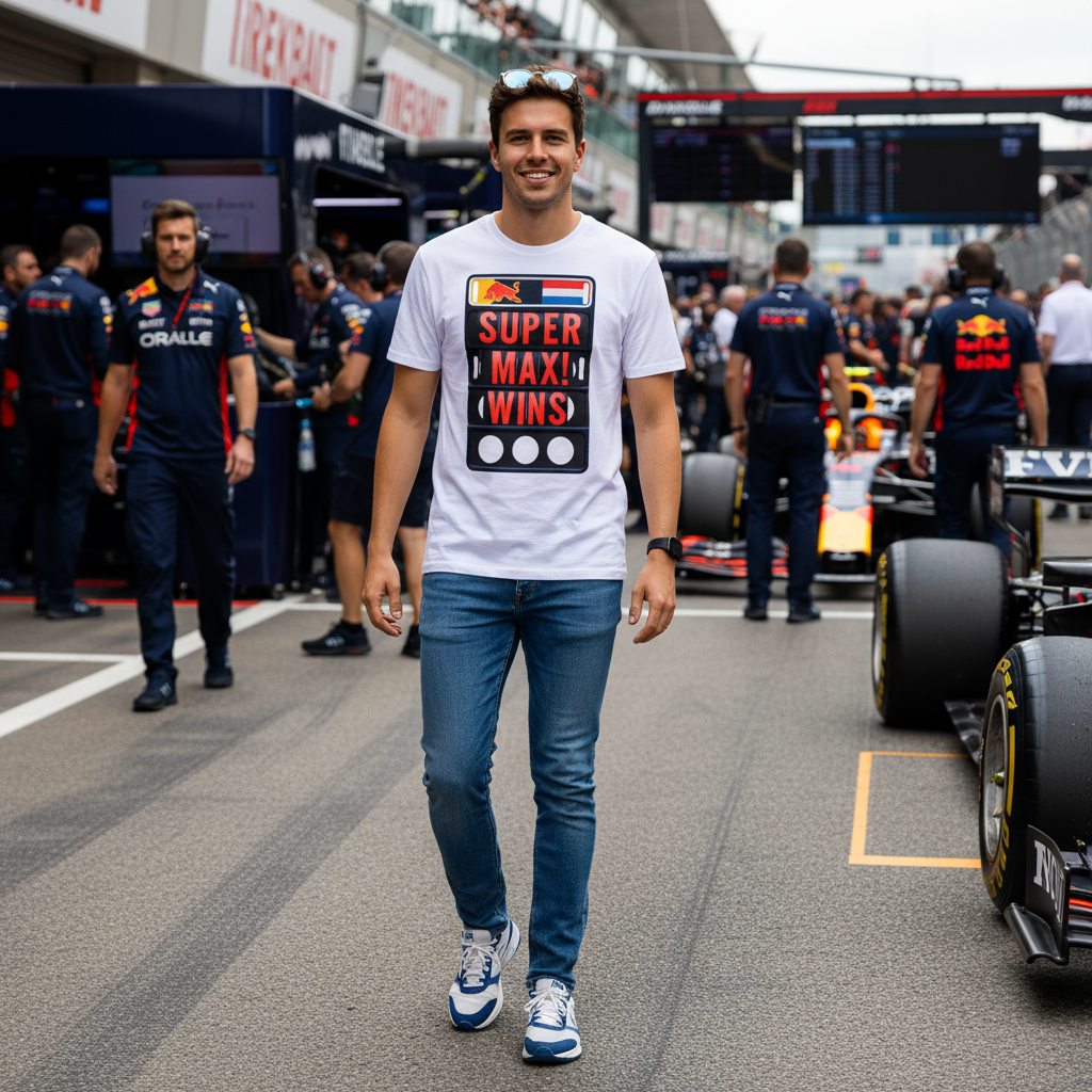 Person wearing a 'Super Max Wins' t-shirt at a Formula 1 event with racing cars and personnel in the background.