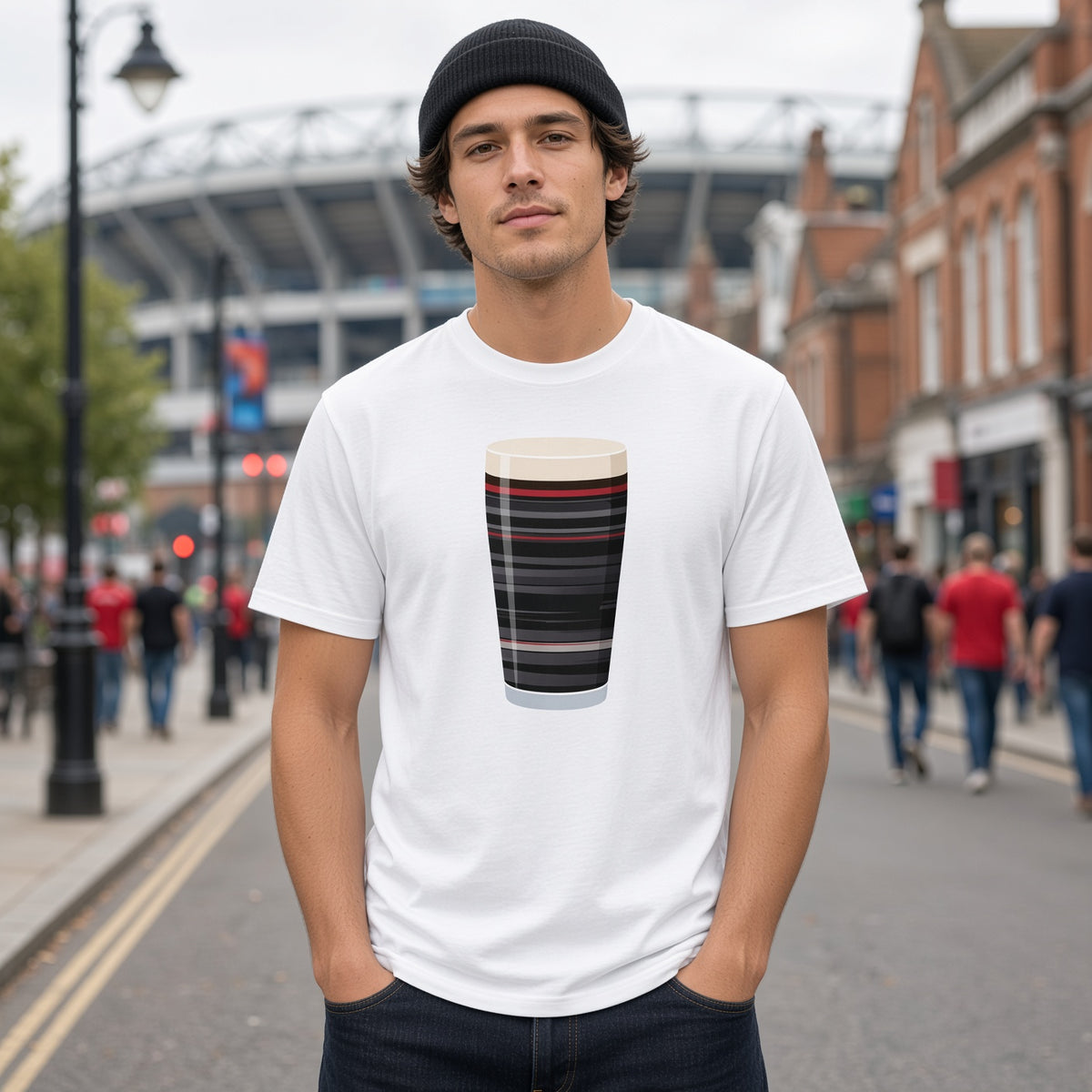 Male fan wearing Saracens retro change mega pint rugby t-shirt outside stadium on match day