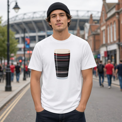 Male fan wearing Saracens retro change mega pint rugby t-shirt outside stadium on match day