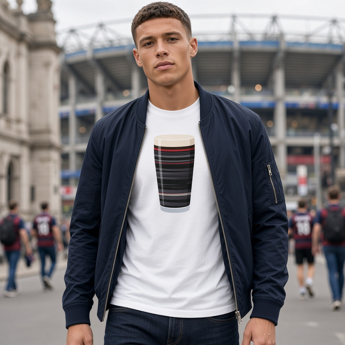 Male fan wearing Saracens retro change mega pint rugby t-shirt outside stadium on match day II