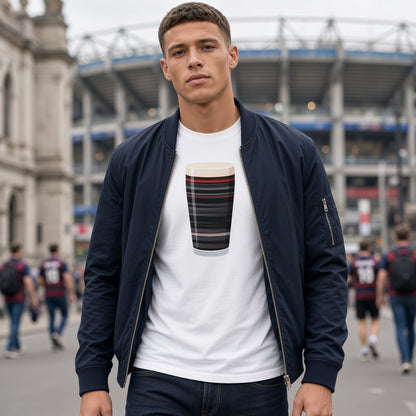 Male fan wearing Saracens retro change mega pint rugby t-shirt outside stadium on match day II
