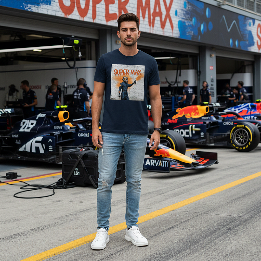 Male model wearing the French Navy organic cotton Super Max Graffiti Art F1 T-Shirt featuring Max Verstappen spray painting “SUPER MAX” in orange on a brick wall, standing with arms relaxed by his sides in Red Bull F1 paddock environment with cars and team elements but no visible Red Bull logos, tee clean and design fully visible.