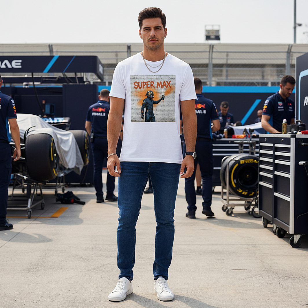 Male model wearing the white organic cotton Super Max Graffiti Art F1 T-Shirt featuring Max Verstappen spray painting “SUPER MAX” in orange on a brick wall, standing with arms relaxed by his sides in a Red Bull F1 paddock environment with cars and team elements but no visible Red Bull logos, tee clean and design fully visible.