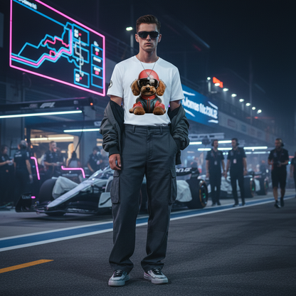 Male model in a neon-lit F1 paddock at night, wearing the Simba Gasly T-Shirt with a clear view of the poodle-in-racing-gear design with neon highlights.