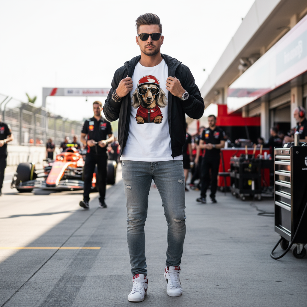 Male model in the paddock wearing the Leo Leclerc T-Shirt, styled with the latest fashion trends, sunglasses on but not blocking the shirt, clear view of the dachshund-in-racing-gear design.