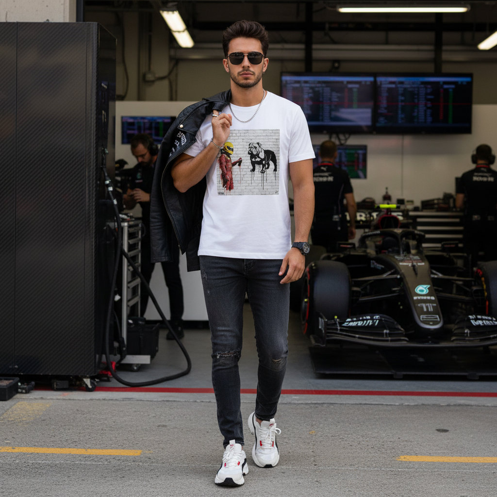 Male model in the paddock wearing the Pitwall Series: Bulldog Graffiti T-Shirt, styled with latest fashion trends, sunglasses on.
