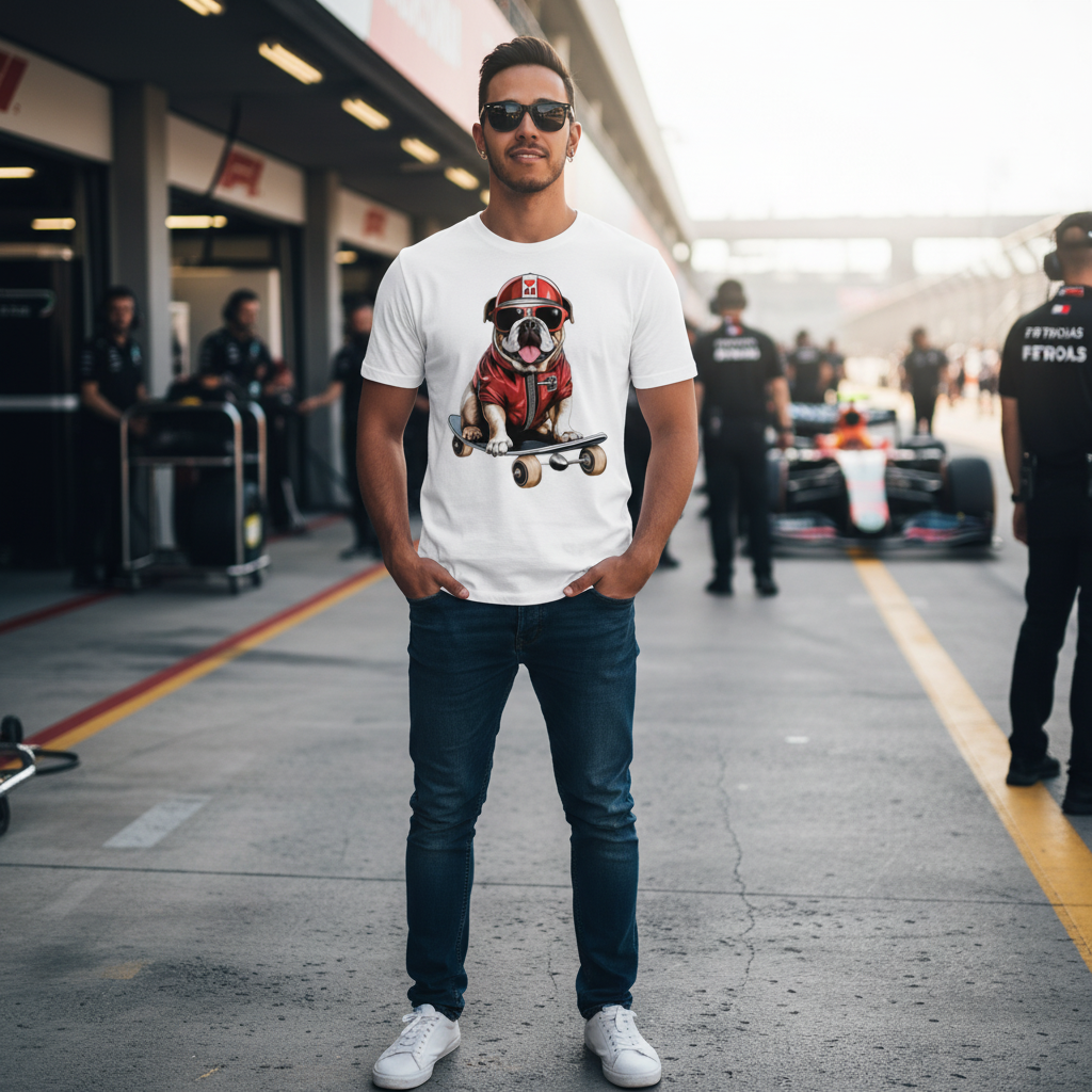 Male model in the F1 paddock during the day, wearing the Roscoe Hamilton Skateboard T-Shirt, with clear view of the bulldog-on-skateboard design.