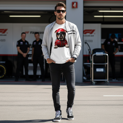 Male model in the F1 paddock wearing the Roscoe Hamilton T-Shirt, styled with the latest fashion trends, sunglasses on but not blocking the shirt, clear view of the bulldog-in-racing-gear design.