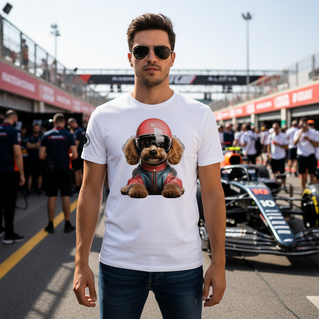Male model in the F1 paddock wearing the Simba Gasly T-Shirt with a clear view of the poodle-in-racing-gear design.