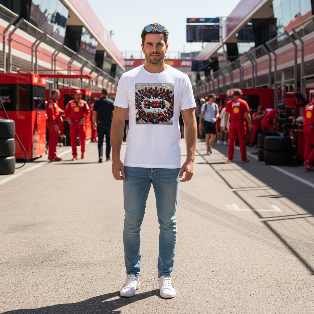 Male grand prix fan in jeans wearing The Gathering Scuderia T-Shirt, showing a red race car surrounded by a full pit crew circle in graffiti style, standing in a paddock on race day.