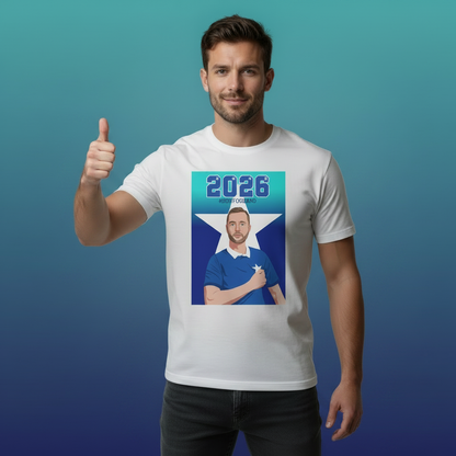 Male model wears white rugby t-shirt with “2026” and “#DIDITFORDEANO” above an illustrated St Marys rugby captain in blue, set over a large white five-point star background.