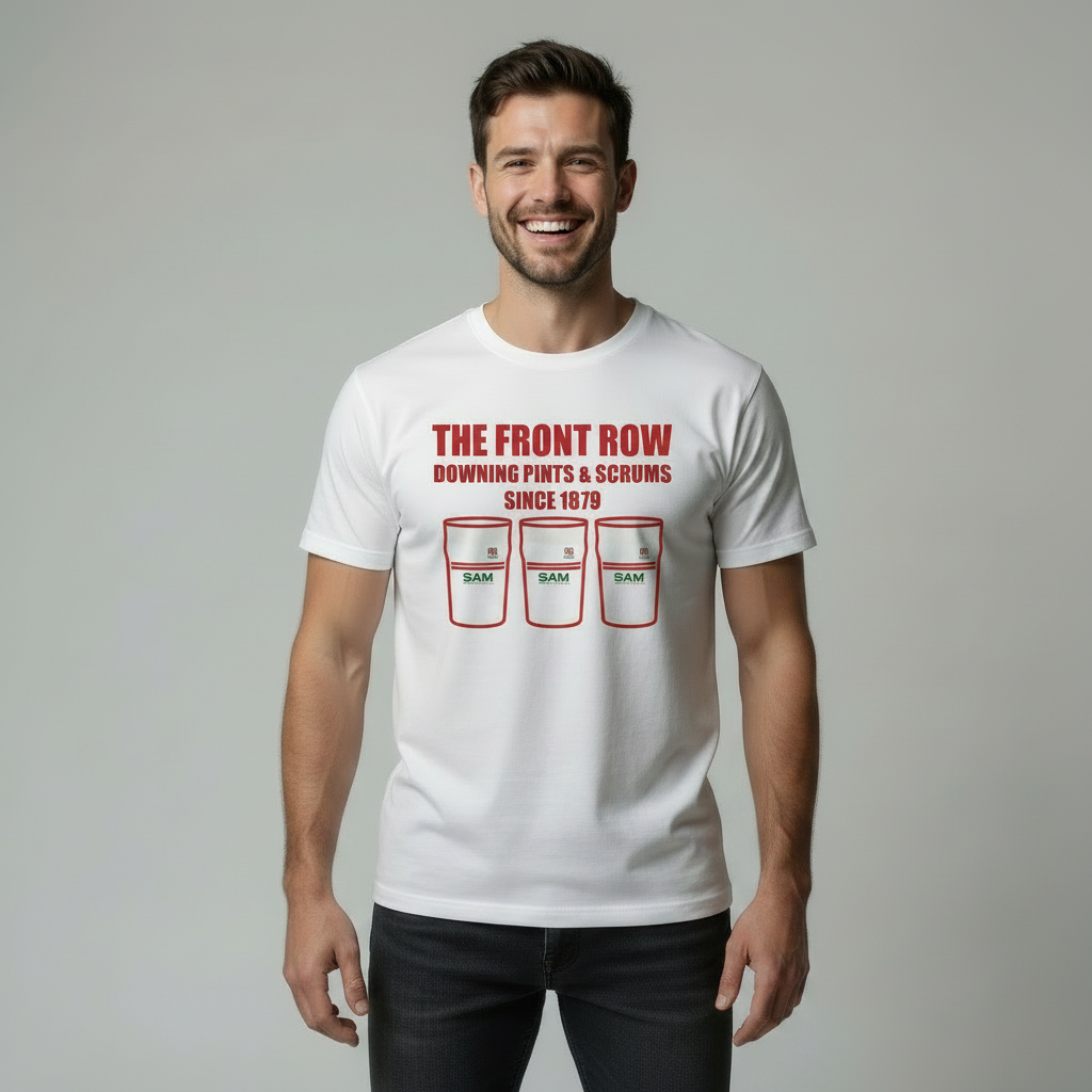 Male model front view laughing wearing an Ulster Rugby T-Shirt