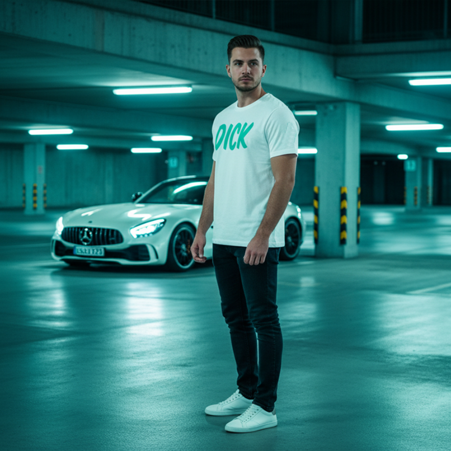 Male model wearing a white car t-shirt with a teal logo that says DICK, standing in a car park with a Mercedes in the background.