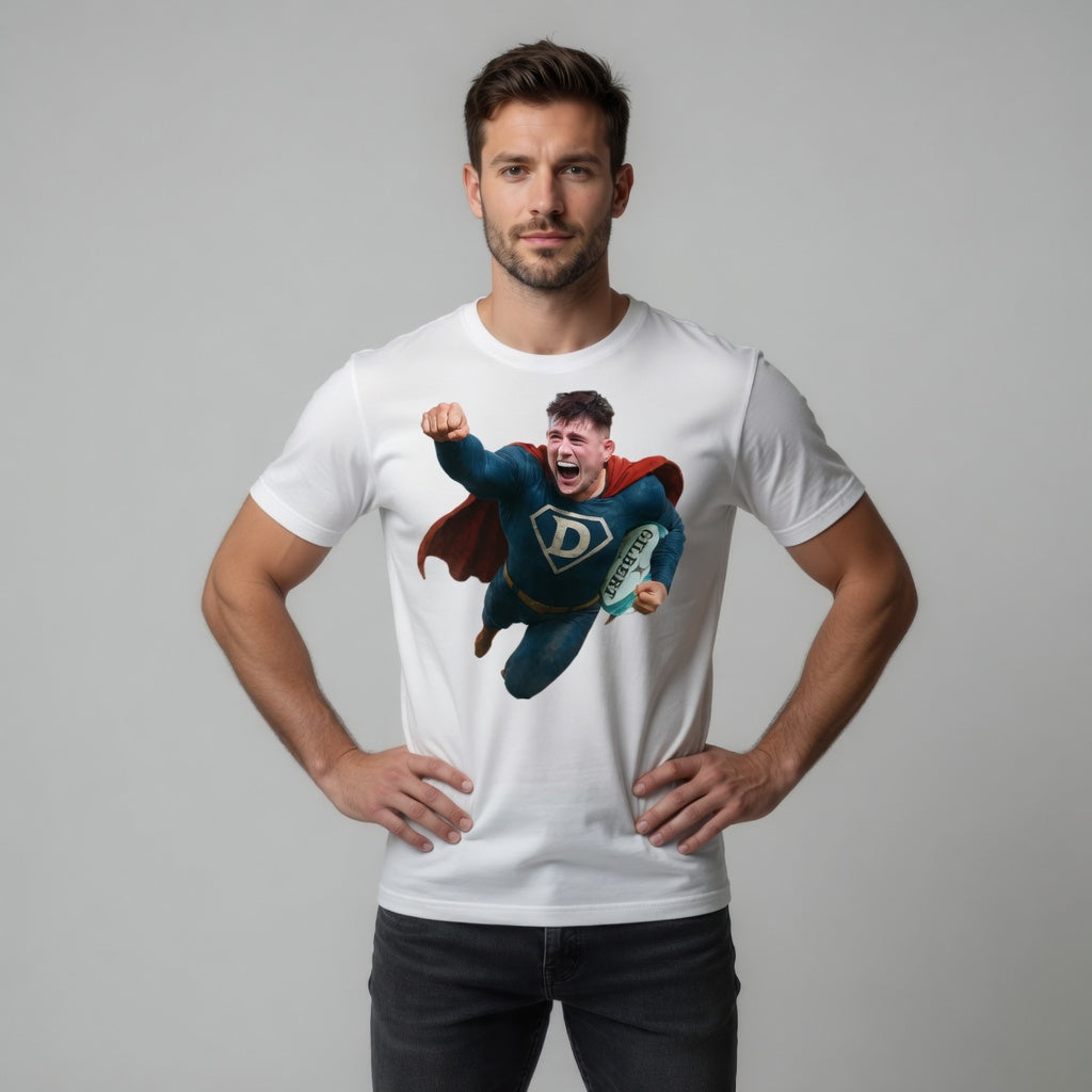 Man wearing a white rugby t-shirt with a superhero graphic on a grey background