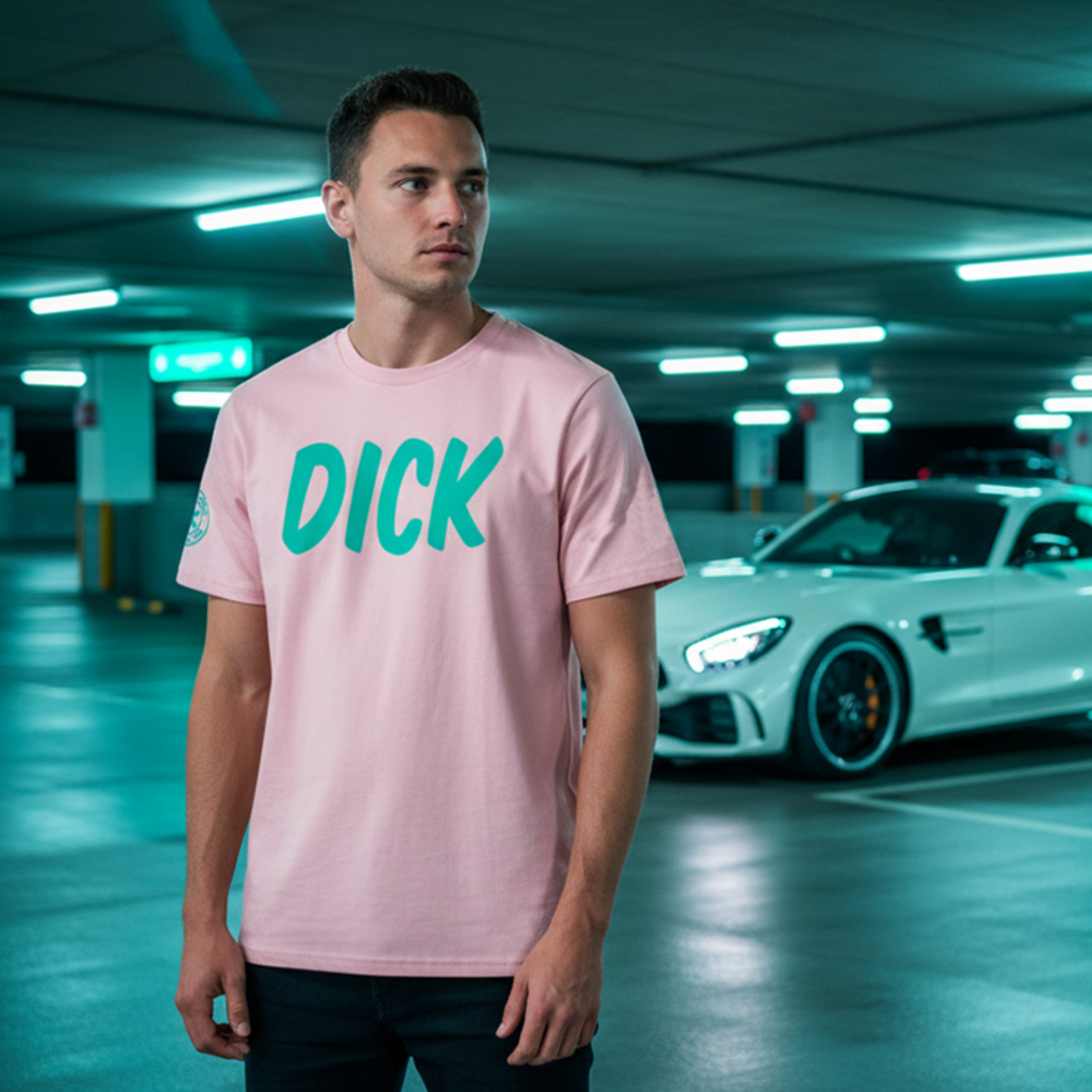 Male mode in a car park standing in front of a mercedes. he is wearing a pink car t-shirt with a teal DICK logo on the front.