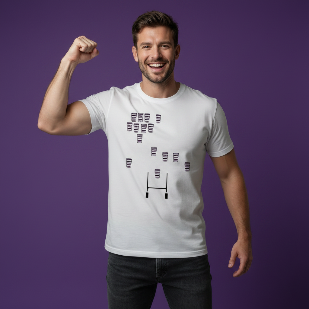 Male model with fist raised in joy wearing a white Terenure college t-shirt on a purple background.